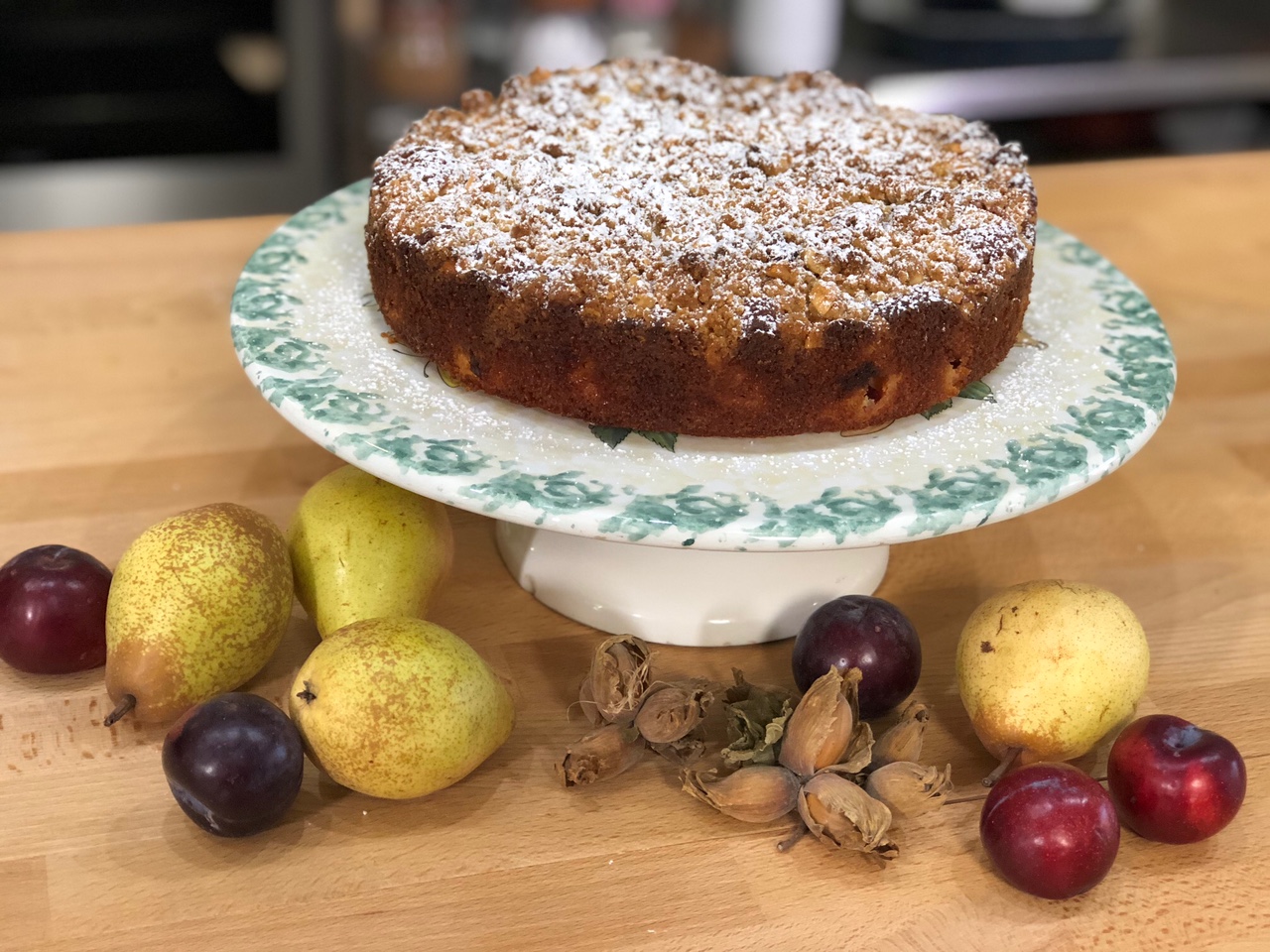 Pear and Plum Hazelnut Crumble Cake 